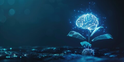A brain is shown in a blue background with a green stem. Concept of growth and development, as the brain is depicted as a small seedling that is growing into a larger, more complex entity