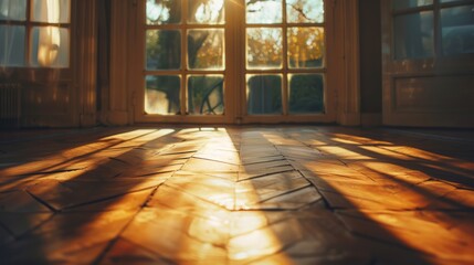 Poster - Warm sunset light streams through French doors, casting long shadows on a wooden herringbone floor, creating a cozy and inviting ambiance.

