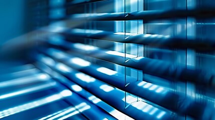 Poster - Abstract image of blue light filtering through window blinds, creating a cool and modern atmosphere with blurred effects.
