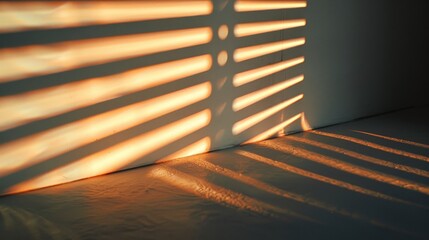 Poster - Warm sunset light creates bold, striped shadows through patterned blinds, casting an intricate design on the floor and wall.
