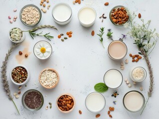 Wall Mural - A variety of nuts and seeds are displayed in bowls on a white background. The bowls are arranged in a circle, with some bowls containing nuts and seeds and others containing milk