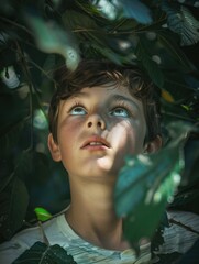 Poster - A young boy is looking up at the sky through the leaves of a tree. The boy is wearing a white shirt and has a green leaf in his hand