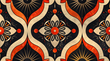 Modern textile design with a geometric pattern and traditional motifs