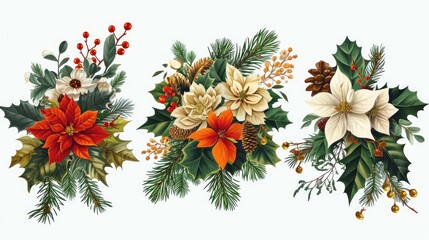 Wall Mural - Three different types of flowers are arranged in a row, with one type being white and the other two being red. The flowers are surrounded by green leaves and pine needles