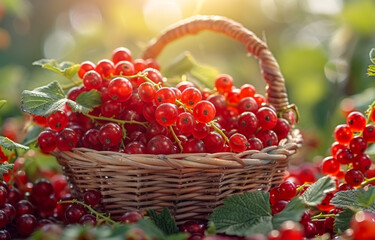 Basket with red currants on bed in the garden
