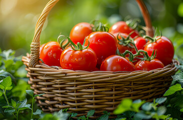 Wall Mural - Fresh tomatoes in basket on green background