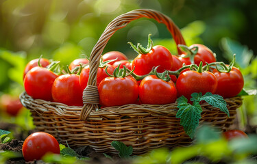 Wall Mural - Fresh organic tomatoes in basket in the garden