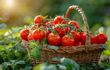 Wall Mural - Fresh organic cherry tomatoes in basket