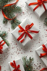 Wall Mural - A white box with a red ribbon sits on a table with a Christmas tree and pine needles. The image conveys a festive and joyful mood, as it is a typical scene during the holiday season