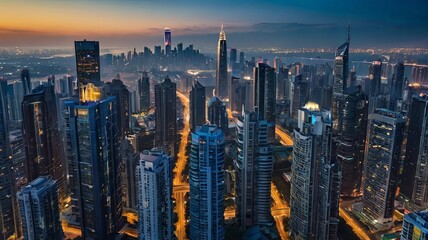 Wall Mural - Aerial view of peaceful cityscape before sunrise. Smart city and abstract dot point connect with gradient line and aesthetic Intricate wave line design , big data connection technology concept .