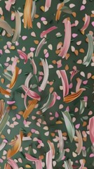 Naklejka na meble A green background with pink, orange, and yellow brush strokes. The brush strokes are scattered all over the background, creating a sense of movement and energy