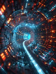 Poster - futuristic tunnel with vibrant lights and complex circuitry creating a dynamic and immersive digital