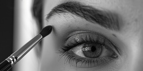 A woman is applying eye makeup with a brush. The brush is black and silver. The woman's eyes are closed, and she is focused on her work. Concept of concentration and attention to detail