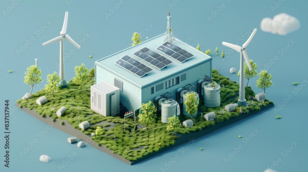 The isometric powerplant stands as a beacon of hope with solar panels ...
