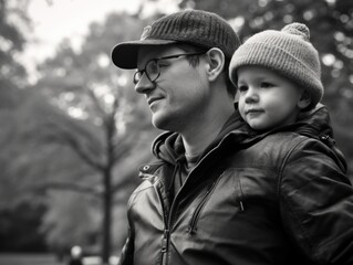 Wall Mural - A man and a child are standing in a park. The man is wearing a hat and glasses, and the child is wearing a hat
