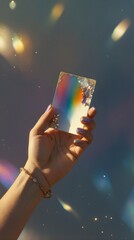 Sticker - someone holding up a card under water, with rainbows in the background