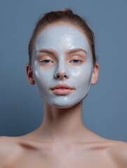 Wall Mural - A woman with a white face mask on her face. She has a very clean and fresh look