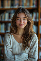 Wall Mural - Portrait of beautiful young student girl standing in the university library