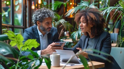 Sticker - Two people are sitting at a table in a restaurant, looking at a tablet. One of them is holding a cell phone. Scene is professional and focused