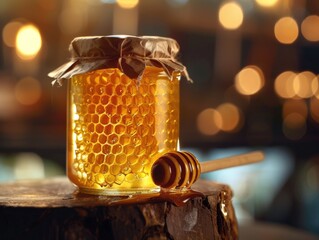 Wall Mural - A jar of honey is sitting on a wooden surface with a wooden spoon next to it. The jar is filled with honey and has a lid on top. Concept of warmth and comfort