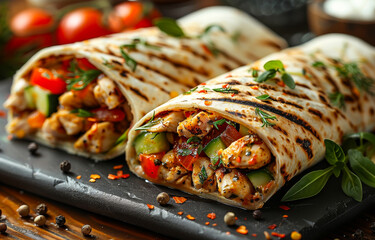Wall Mural - Burritos wraps with chicken and vegetables on wooden background