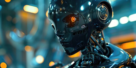 Wall Mural - A robot with a glowing orange eye stands in front of a wall. The robot is black and has a metallic appearance. The image has a futuristic and somewhat ominous feel to it