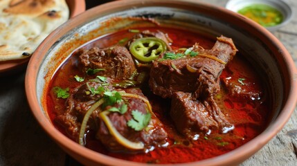 Poster - A bowl of red meat with green herbs and spices