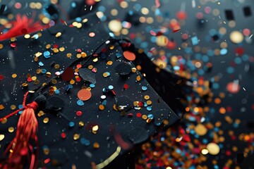 Poster - A graduation cap is covered in confetti. The confetti is in various colors and sizes, and it covers the cap and the ground around it. Concept of celebration and accomplishment