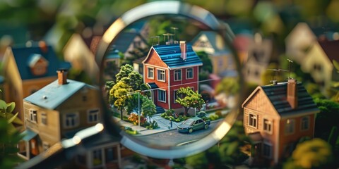 Wall Mural - A magnified view of a neighborhood with houses and a car. The houses are small and the car is parked on the street