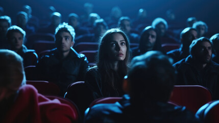 Poster - A woman is sitting in a dark theater with a crowd of people. The woman is looking at the camera with a serious expression. Scene is tense and suspenseful