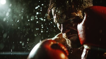 Wall Mural - A man in a boxing ring with his hands in his pockets. The man is wearing a red glove and a red boxing glove