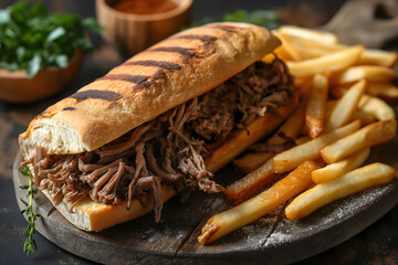 Wall Mural - Delicious Grilled Sandwich with Pulled Pork and Golden French Fries