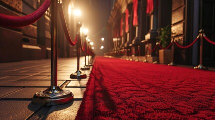 Wall Mural - A red carpet is laid out on the sidewalk with red barriers on either side. The scene is set in a city, with a street lamp in the background