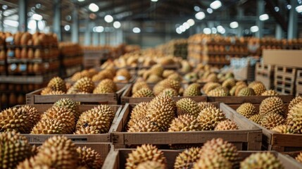 Sticker - Durians ready for shipment in a export warehouse