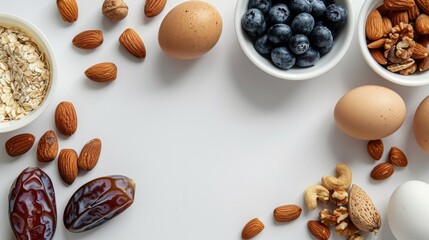 Wall Mural - overhead view of a white studio table with an elegant arrangement of dates, blueberries, almonds, oats, cashews, and eggs soft shadows