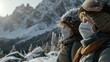 © vefimov - Two people wearing masks and scarves are standing on a snowy mountain. Concept of adventure and excitement, as the two individuals are likely preparing for a skiing or snowboarding trip