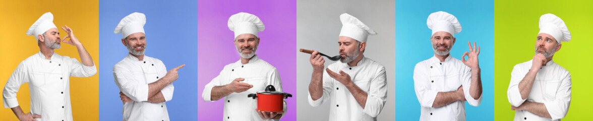 Poster - Collage with photos of professional chef on different color backgrounds