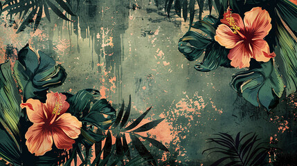 Wall Mural - Traditional floral and leaf pattern with tropical elements and grunge texture