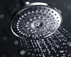 Close-up of a modern shower head with water spraying from the nozzles.