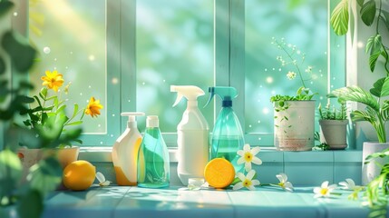 Wall Mural - A window sill with a variety of cleaning supplies and a lemon. Scene is bright and cheerful, with the lemon and flowers adding a pop of color and freshness to the scene