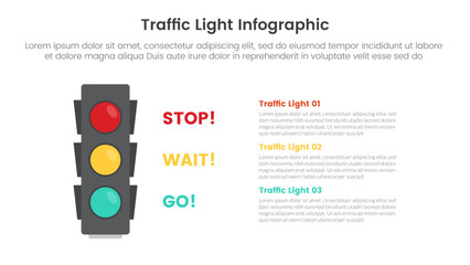 traffic light infographic template banner with stack data information and lights description with 3 point list information for slide presentation