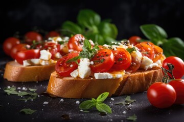 Two slices of bread with tomatoes and basil on top