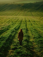 Poster - A woman is walking through a field of grass. The field is green and vast, with no other people or objects visible. The woman is alone and is walking in a straight line, possibly towards a destination