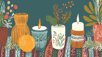 Wall Mural - A table with candles and a vase of flowers. The table is decorated with a colorful tablecloth