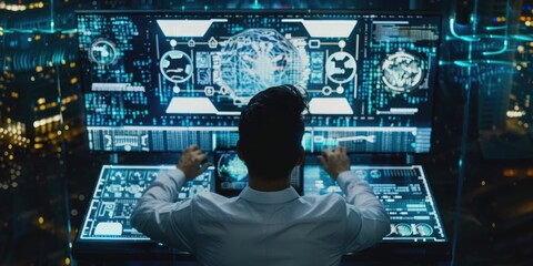 Wall Mural - A man is sitting in front of a computer monitor with a lot of numbers and symbols on it. He is typing on the keyboard and seems to be focused on the screen. Concept of technology and modernity