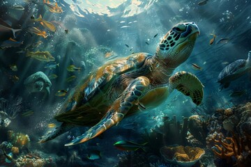 Vibrant underwater seascape teeming with diverse marine life and impressive turtle