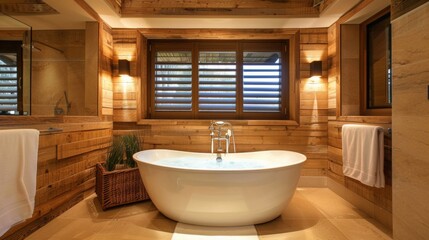 A warm, cozy bathroom with wood accents, soft lighting, and a freestanding tub. The design is inviting and comfortable. --ar 16:9 --style raw Job ID: 1c536db3-121b-4a85-9c4d-f773c509d883