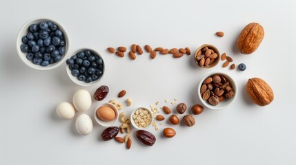 Wall Mural - overhead view of a white studio table with an elegant arrangement of dates, blueberries, almonds, oats, cashews, and eggs soft shadows