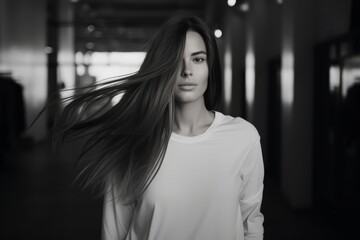 Wall Mural - grayscale photography of woman wearing long-sleeved shirt