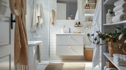 A small, space-efficient bathroom with a corner shower, wall-mounted sink, and clever storage solutions like floating shelves. --ar 16:9 --style raw Job ID: ddc267bf-89c9-481f-99d3-8de834add2da